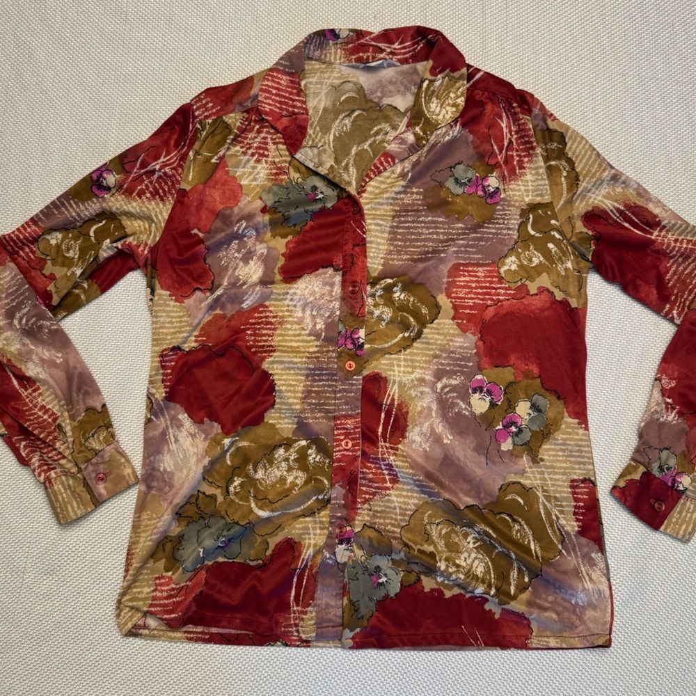 Vintage Alex Colman Women’s Button Up Blouse Floral Lightweight Knit Made in USA